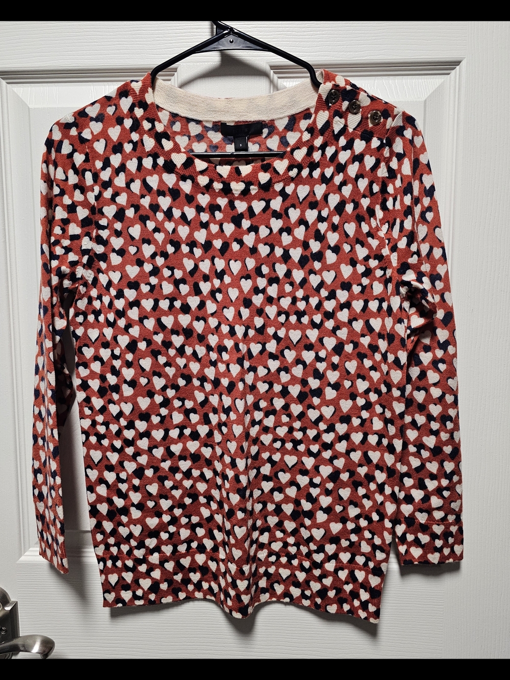 J. Crew Red, White & Navy Heart-Print Sweater 100% Merino Wool - Size Small NWT